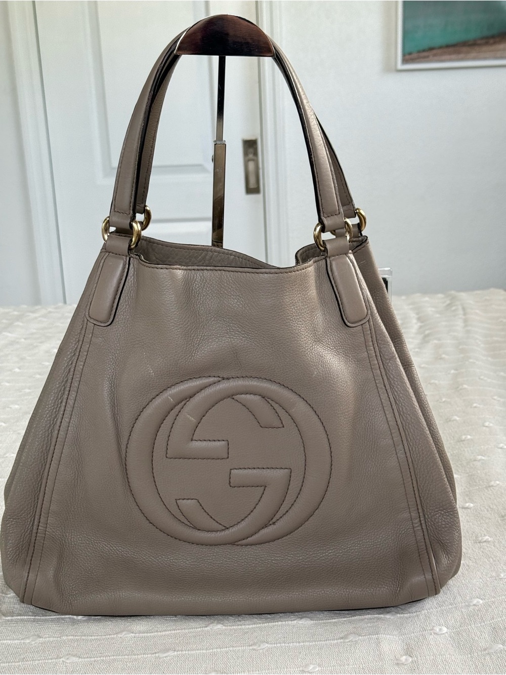 Gucci Taupe Leather Soho Shoulder Bag with Embossed GG